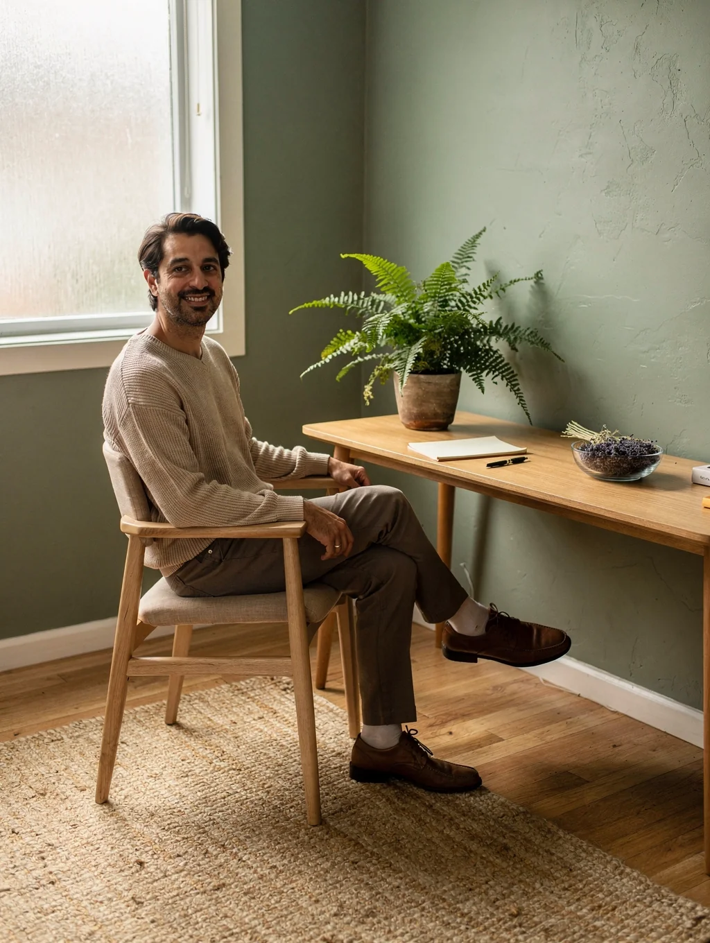 Alex Rivera, licensed therapist, in a calm, professional office setting
